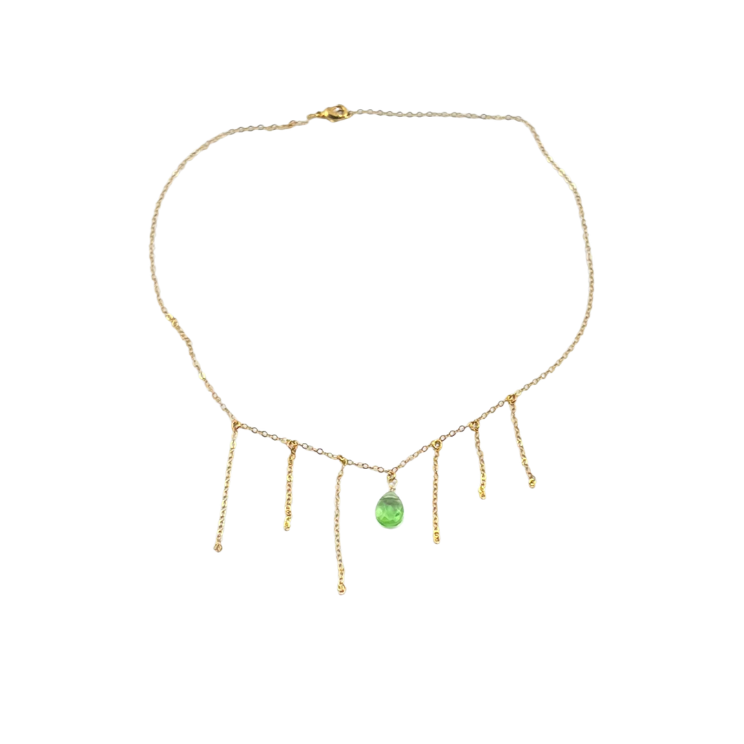 Peridot Green Crystal Gold Tassel Necklace Minimalist Jewelry, hand made with a boho chic style in mind. Each necklace is uniquely crafted with 14k gold
