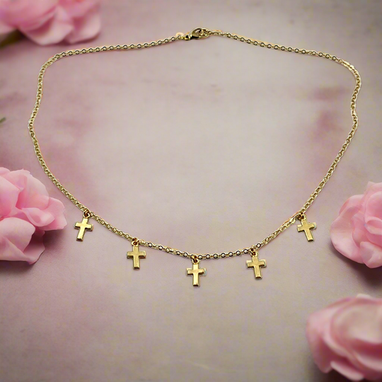 Gold Cross Choker Chain Necklace, is a delicate piece with tiny gold crosses on 14k gold-filled chain. It's adoring charm makes it versatile and unique.
