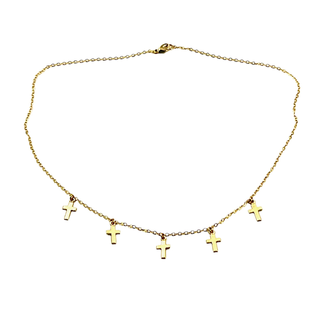 Gold Cross Choker Chain Necklace, is a delicate piece with tiny gold crosses on 14k gold-filled chain. It's adoring charm makes it versatile and unique.
