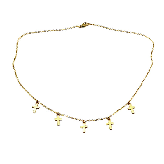 Gold Cross Choker Chain Necklace, is a delicate piece with tiny gold crosses on 14k gold-filled chain. It's adoring charm makes it versatile and unique.