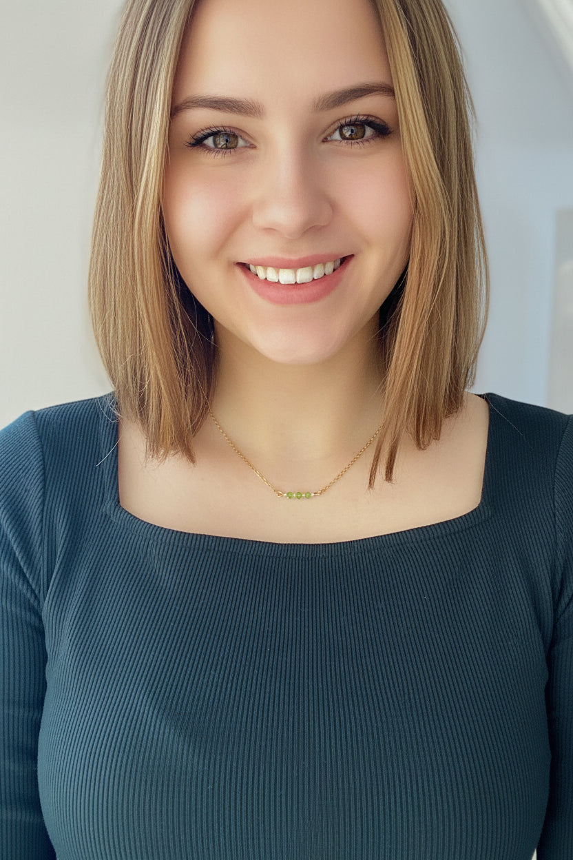Peridot Green Crystal Bar Necklace, This hand made Peridot Green Crystal Bar Necklace combines minimalist vibes with a boho twist. Featuring three dazzling crystals 