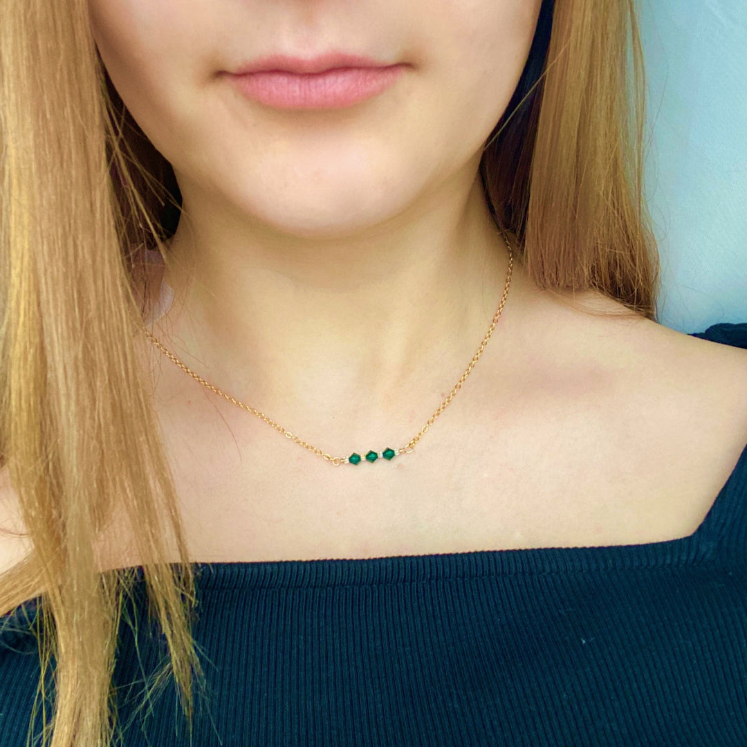 Emerald Green Crystal Bar Necklace, This hand made Emerald Green Crystal Bar Necklace combines minimalist vibes with a boho twist. Featuring three dazzling