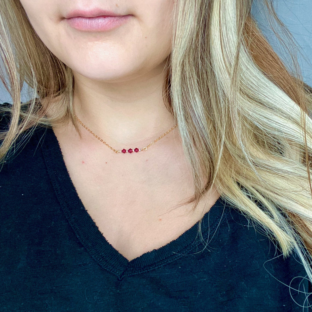 Ruby Red Crystal Bar Necklace Hand Made Jewelry, This hand made Ruby Red Crystal Bar Necklace combines minimalist vibes with a boho twist.