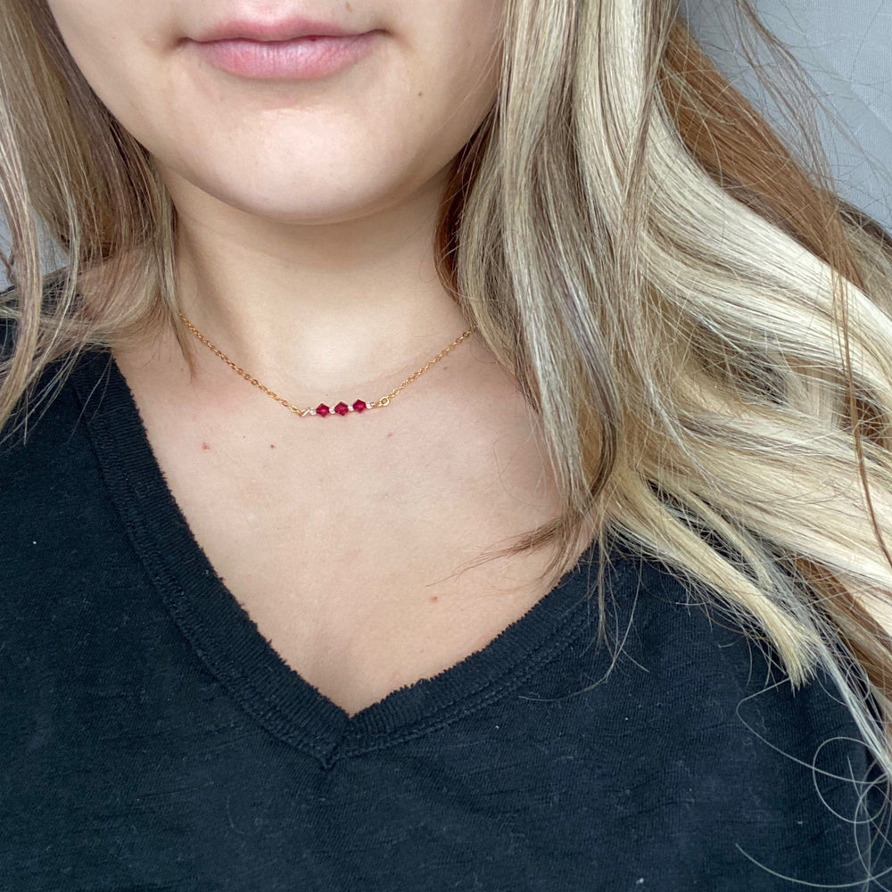Ruby Red Crystal Bar Necklace Hand Made Jewelry, This hand made Ruby Red Crystal Bar Necklace combines minimalist vibes with a boho twist.