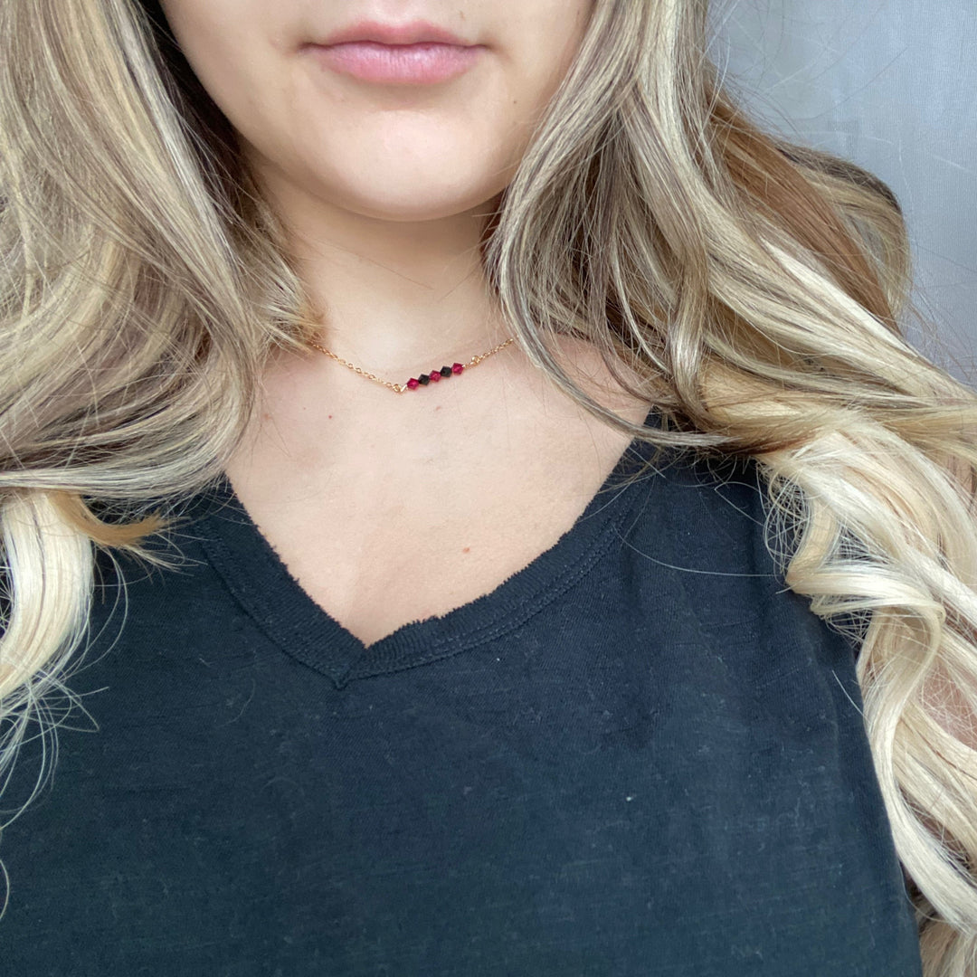 Red Black Crystal Bar Necklace, This hand made Red Black Crystal Bar Necklace combines minimalist vibes with a boho twist. Featuring three dazzling crystals