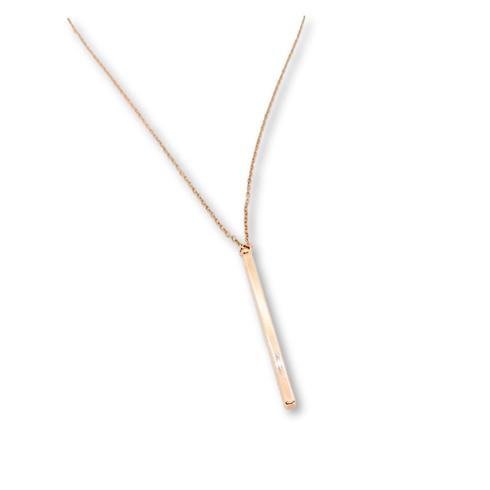 Rose Gold Vertical Bar Necklace, A simple slim rose gold vertical bar hangs from delicate rose gold chain, creating a minimalist necklace design, boho chic piece of jewelry.