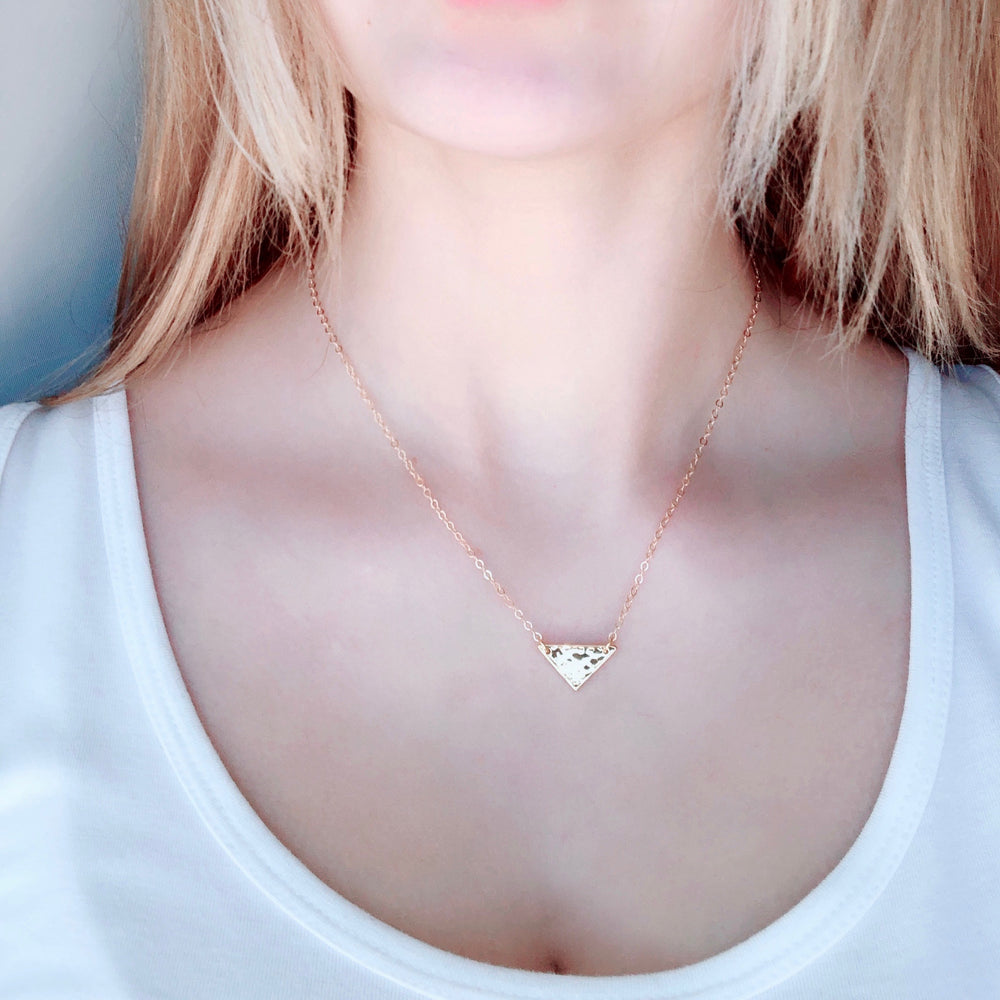 14K Gold Flag Triangle Charm Necklace, our triangle flag necklace has a tiny hammered flag triangle charm on 14k gold-filled chain, a charming minimalist charm necklace 