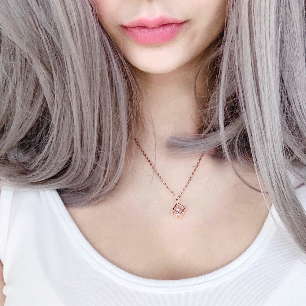 Rose Gold Diamond In A Box Charm Necklace, a sweet gift, this diamond solitaire sparkles in it's rose gold box, a fun piece of jewelry for someone special.