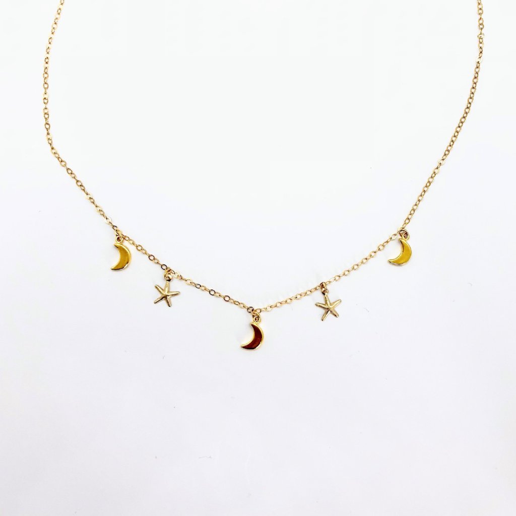 Moon Starfish Choker Charm Necklace, our hand crafted moon and starfish charms on 14k gold-filled chain, in a choker style necklace has charm 