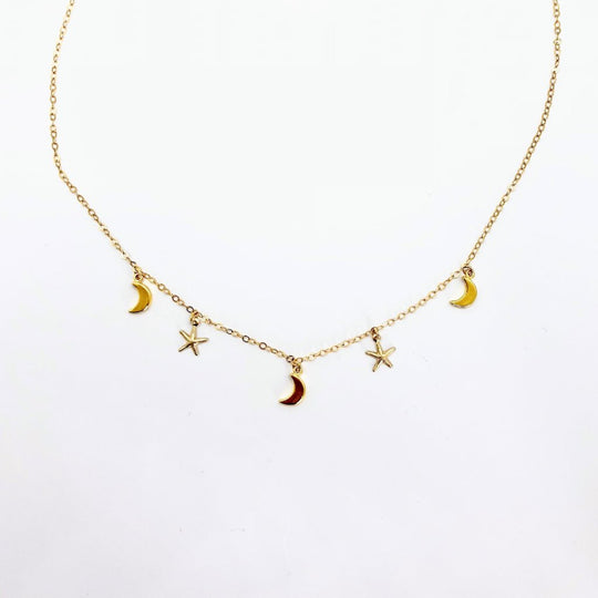 Moon Starfish Choker Charm Necklace, our hand crafted moon and starfish charms on 14k gold-filled chain, in a choker style necklace has charm 