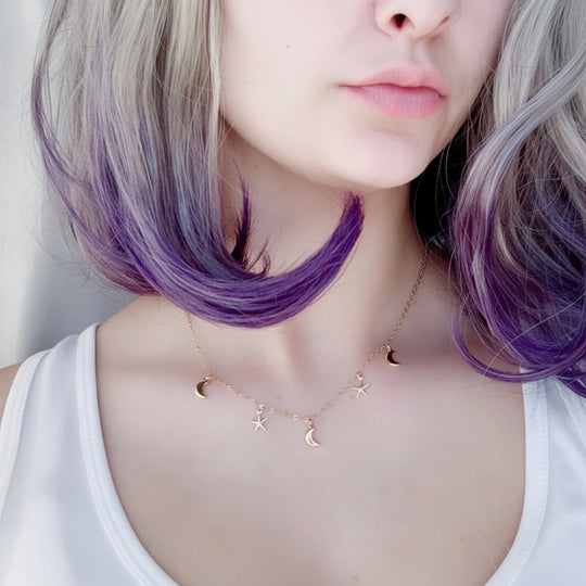 Moon Starfish Choker Charm Necklace, our hand crafted moon and starfish charms on 14k gold-filled chain, in a choker style necklace has charm 