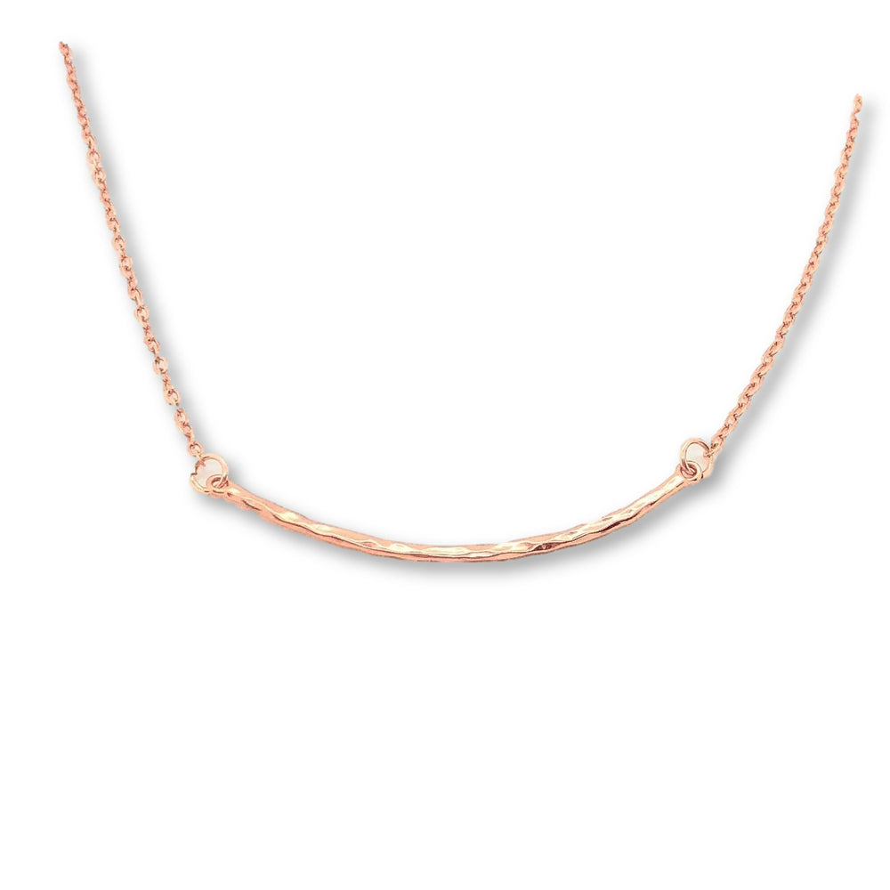 Rose Gold Curved Skinny Bar Necklace, a unique minimalist charm, it's curved surface has a hammered texture and just the right length for a dainty modern appeal.
