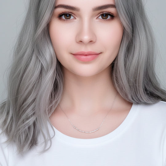 Silver Curved Skinny Bar Necklace, our delicate sterling silver necklace with a hand crafted hammered curved skinny bar on sterling silver chain, minimalist style charm necklace.