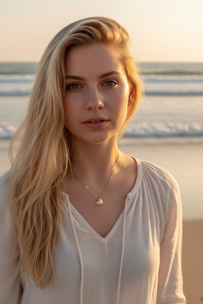 14K Gold Clam Shell Mermaid Charm Necklace, our dainty gold mermaid shell necklace has a small textured gold clam shell charm on a 14k gold-filled chain, a petite & sweet minimalist Summer charm necklace.