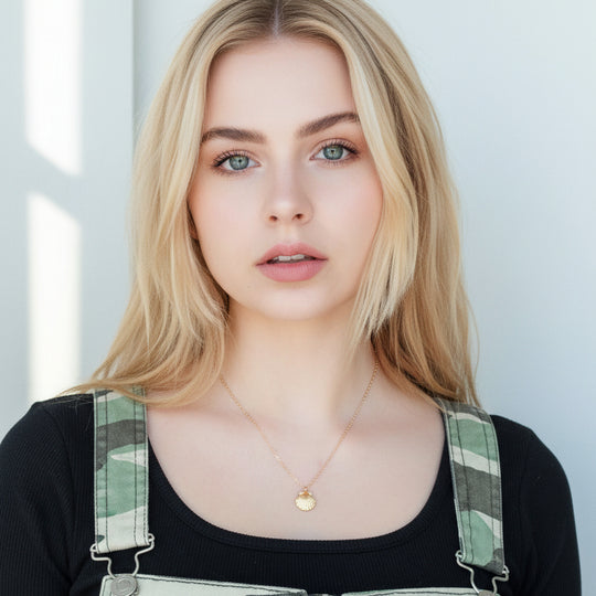 14K Gold Clam Shell Mermaid Charm Necklace, our dainty gold mermaid shell necklace has a small textured gold clam shell charm on a 14k gold-filled chain, a petite & sweet minimalist Summer charm necklace.