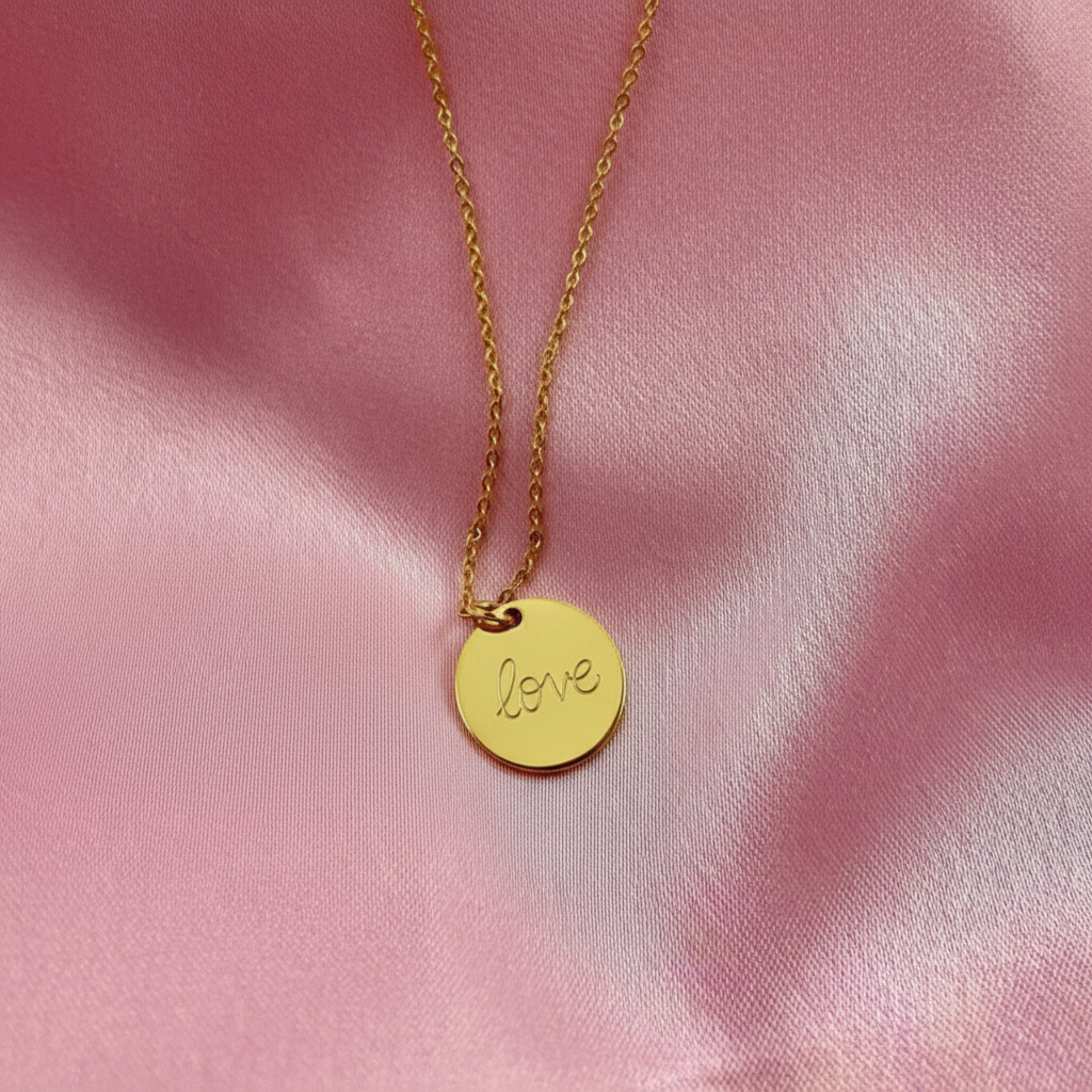 Gold Hand Stamped Love Necklace, our delicate gold disk necklace features a hand stamped "Love" message in simple script. Its minimalist design and 14K gold filled chain add a sweet, subtle touch making it a treasure to adore.