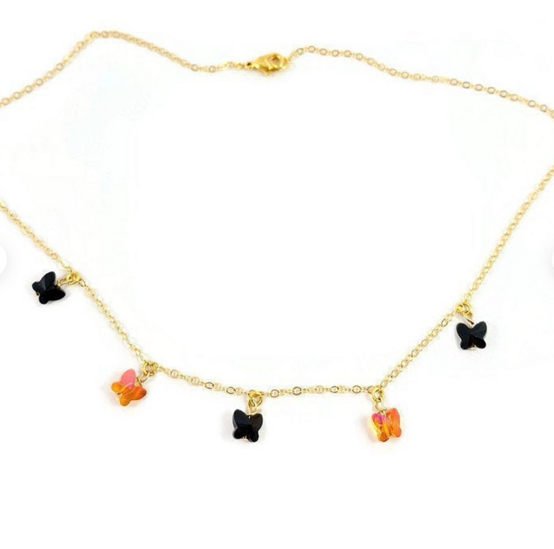 Black & Astral Pink Crystal Butterfly Choker Necklace, Add a touch of charm with the Black & Astral Pink Butterfly Choker Necklace, a delightful chain of crystal butterflies 