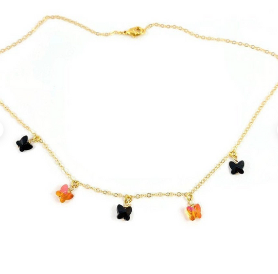 Black & Astral Pink Crystal Butterfly Choker Necklace, Add a touch of charm with the Black & Astral Pink Butterfly Choker Necklace, a delightful chain of crystal butterflies 
