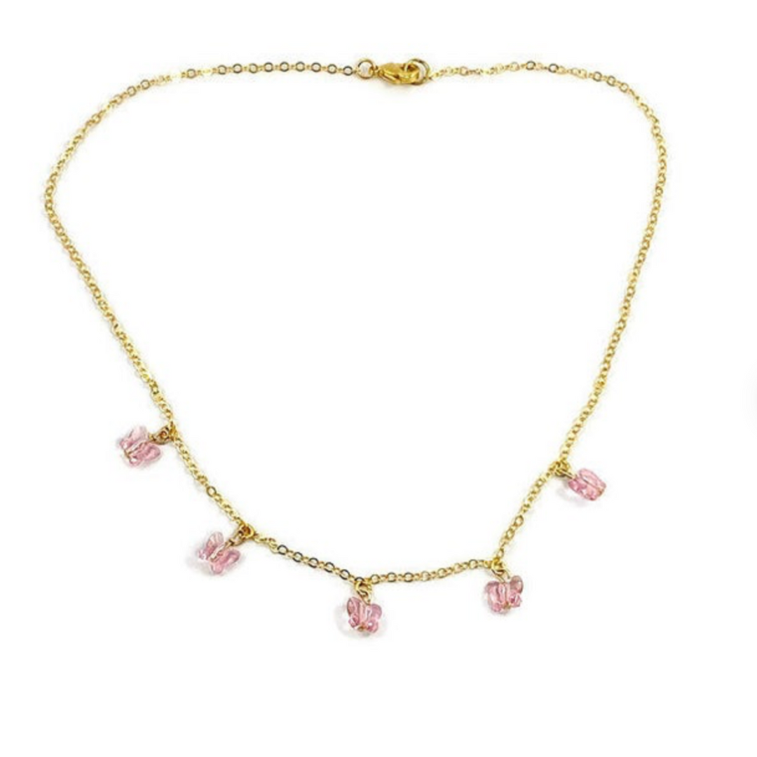 Pink Butterfly Choker Necklace,  Add a touch of charm with the Pink Butterfly Choker Necklace, a delightful chain of crystal butterflies crafted by hand