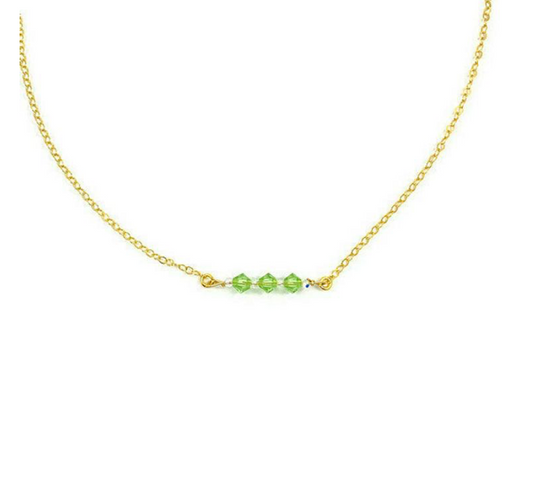 Peridot Green Crystal Bar Necklace, This hand made Peridot Green Crystal Bar Necklace combines minimalist vibes with a boho twist. Featuring three dazzling crystals 