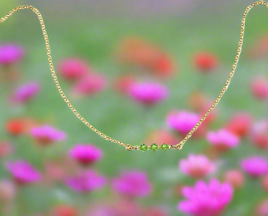 Peridot Green Crystal Bar Necklace, This hand made Peridot Green Crystal Bar Necklace combines minimalist vibes with a boho twist. Featuring three dazzling crystals 