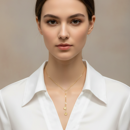 Gold Disk Charm Choker Necklace, has a minimalist vibe to it with two tiny hammered gold disks on 14k gold-filled chain. This unique blend of a faux lariat style and charm offer a intriguing piece of jewelry.