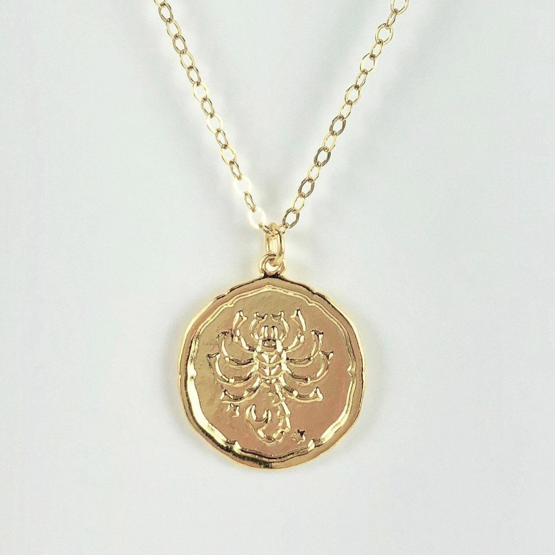 Scorpio Zodiac Sign Gold Necklace, this hand crafted Scorpio Zodiac Sign Necklace features a 14K gold-filled chain and an 18K vermeil gold charm