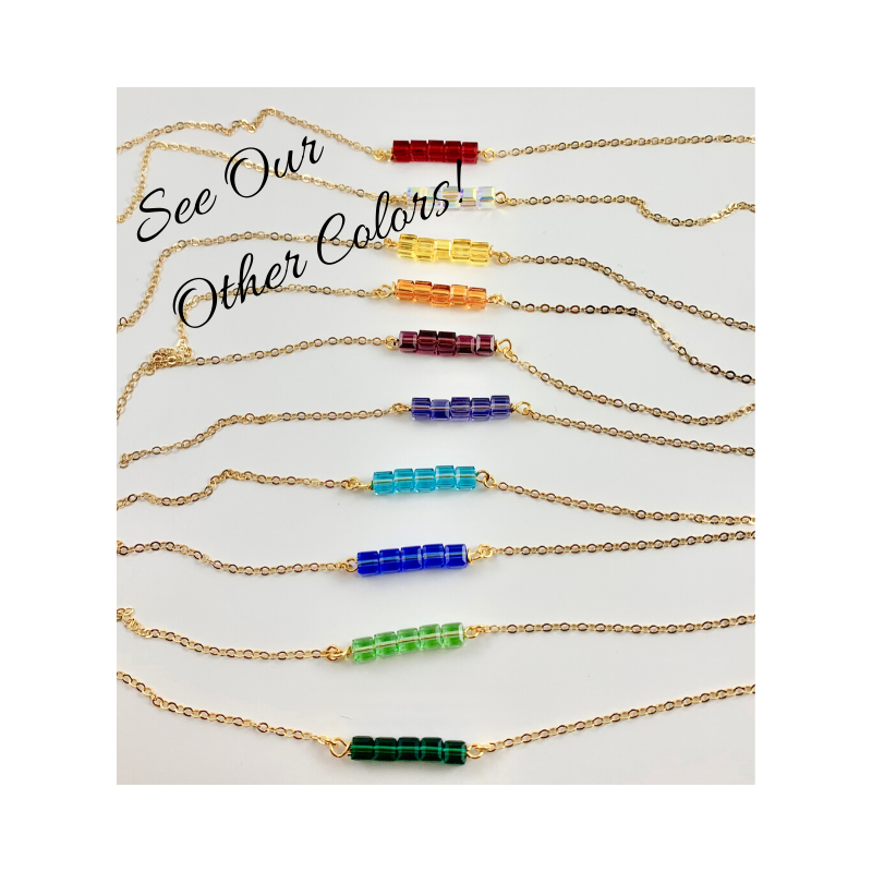 Peridot Green Crystal Cube Bar Necklace Charm Jewelry, styled as a minimalist crystal cube bar necklace featuring 5 mini facetted cubes i