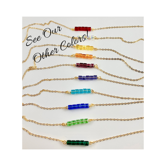 Peridot Green Crystal Cube Bar Necklace Charm Jewelry, styled as a minimalist crystal cube bar necklace featuring 5 mini facetted cubes i