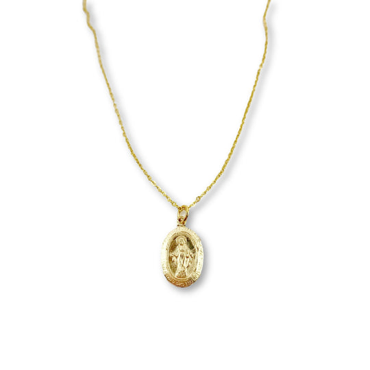 14K Gold Virgin Mary Charm Necklace, our dainty 14k gold Virgin Mary charm on 14k gold-filled chain, a necklace for remembrance and a keepsake treasure.