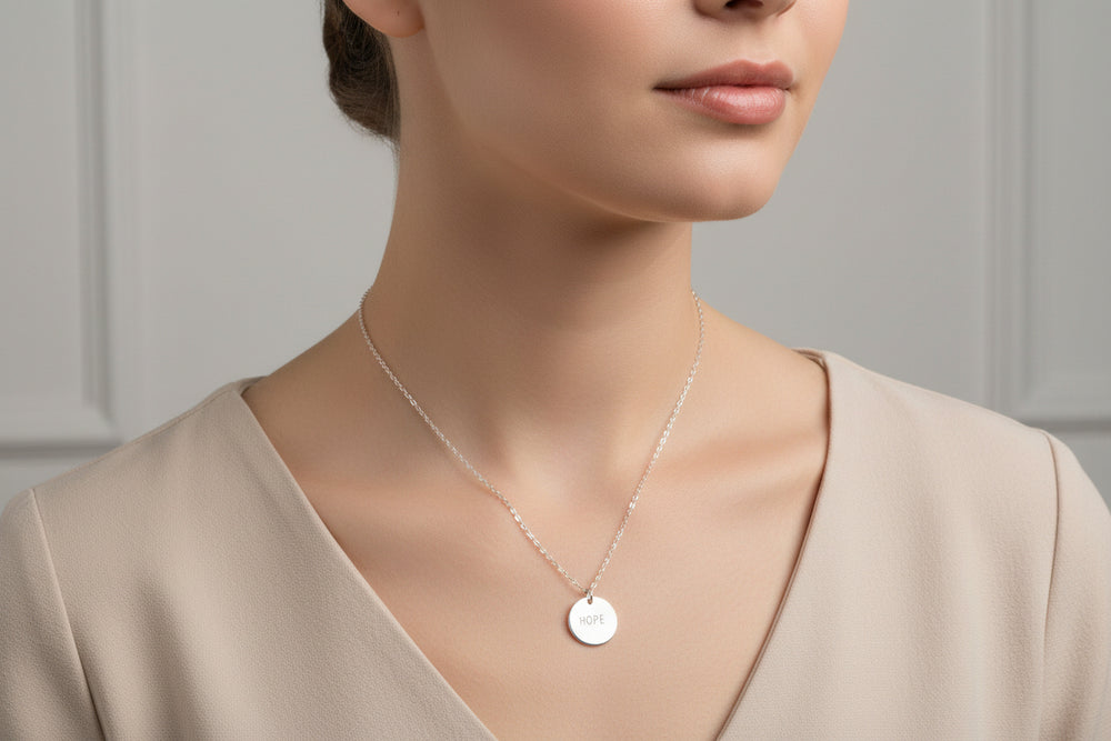 Silver Hand Stamped HOPE Necklace, our delicate gold disk necklace features a hand stamped "HOPE" message in simple script. Its minimalist design and it's delicate chain add a sweet, subtle touch making it a treasure to adore.