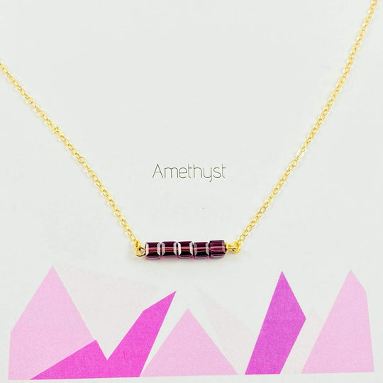 Purple Amethyst Color Crystal Cube Bar Necklace,