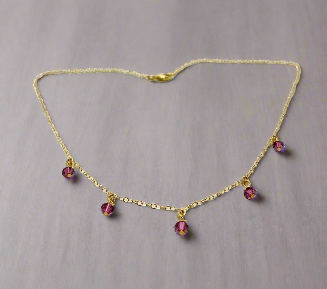 Purple Crystal Choker Necklace Minimalist Jewelry, hand made with facetted petite crystals, wire wrapped on 14k gold filled chain, completed with a 14k gold