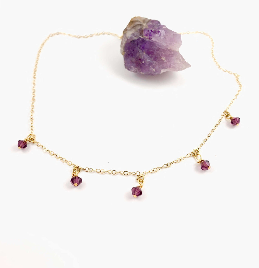 Purple Crystal Choker Necklace Minimalist Jewelry, hand made with facetted petite crystals, wire wrapped on 14k gold filled chain, completed with a 14k gold