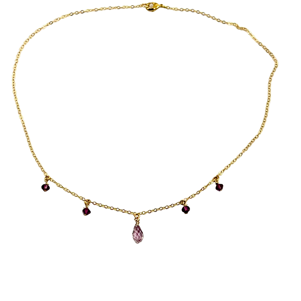 Purple Crystal Teardrop Necklace, our teardrop necklace has a amethyst crystal color, making it a sweet and petite personal keepsake piece of jewelry.