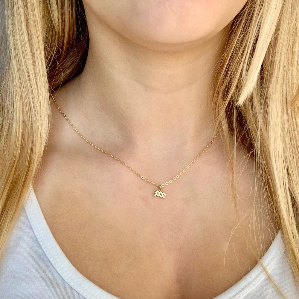 Aquarius Zodiac Symbol Gold Necklace, Celebrate your Aquarius spirit with this tiny zodiac symbol charm necklace, a petite 18K vermeil gold zodiac symbol