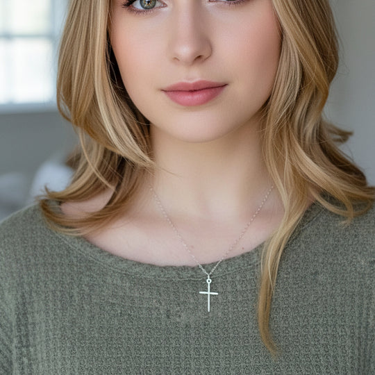 Sterling Silver Cross Necklace, on sterling silver chain, minimalist in style, a craftsman like silver cross charm.