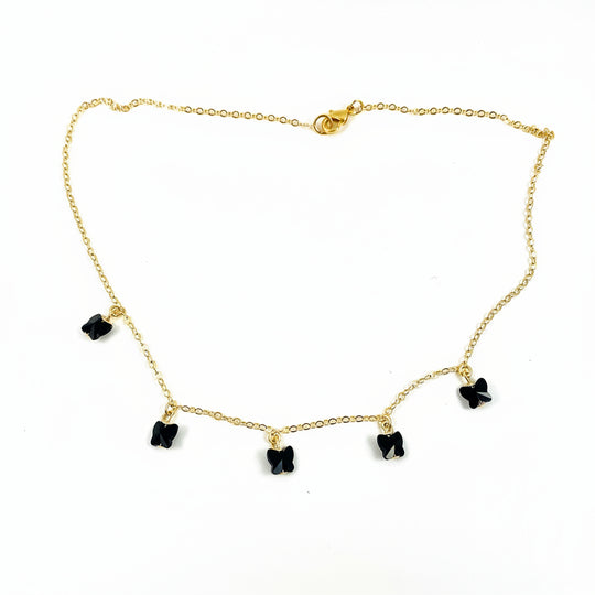 Black Crystal Butterfly Necklace featuring handcrafted black crystal butterflies on a delicate gold-fill chain.