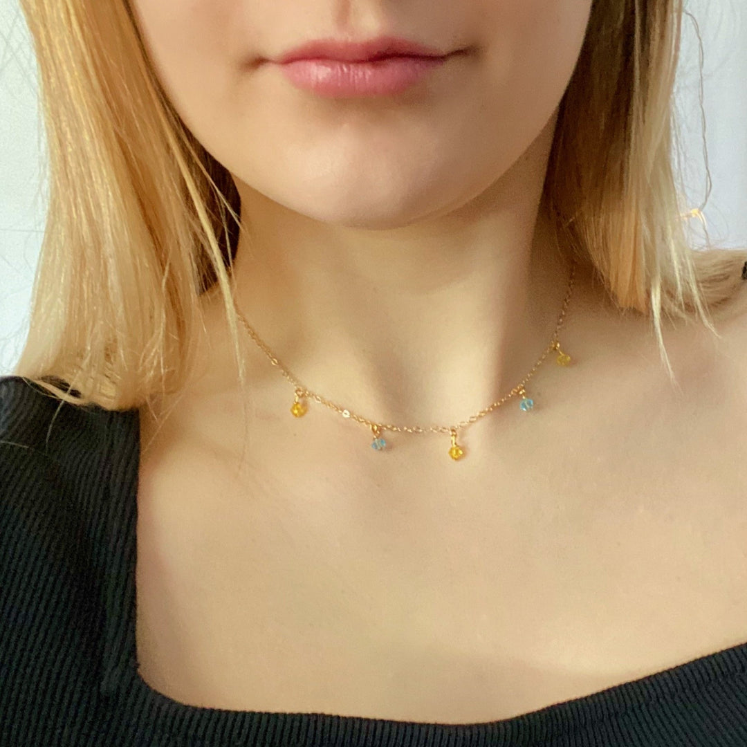Yellow Blue Crystal Choker Necklace, hand made with facetted petite crystals, wire wrapped on 14k gold filled chain, completed with a 14k gold filled lobster clasp