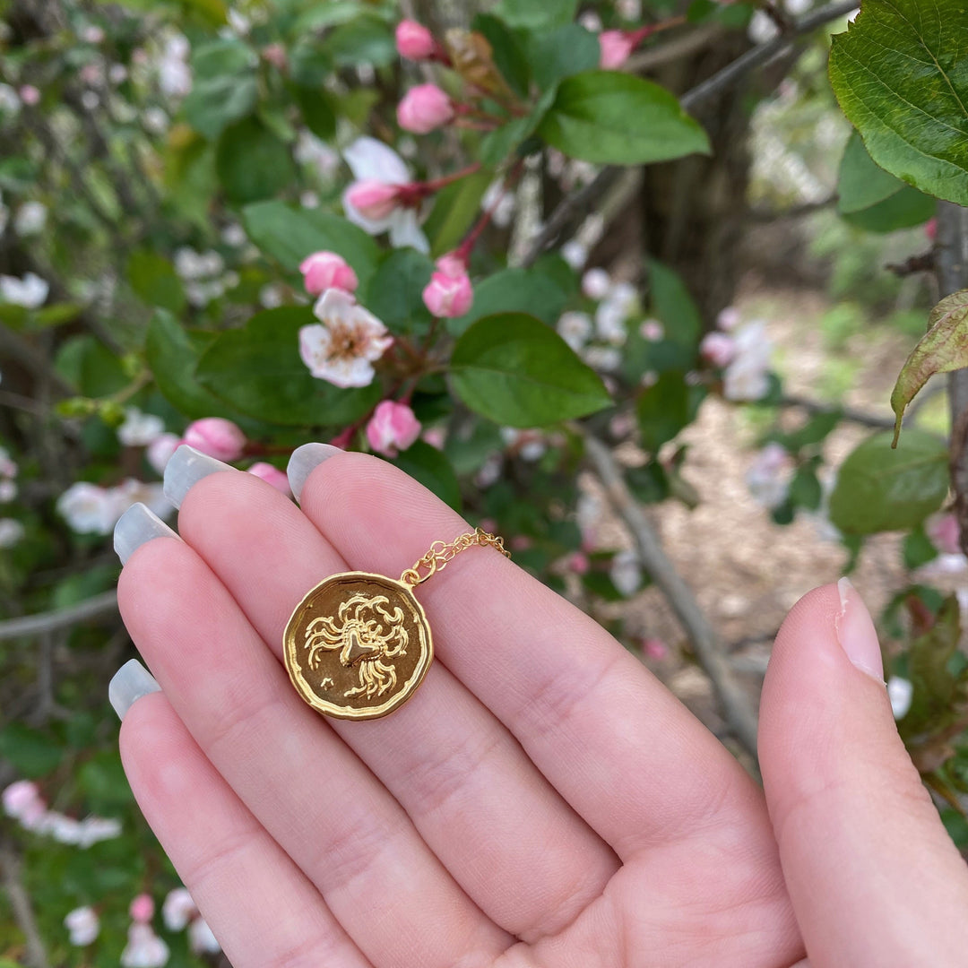Cancer Zodiac Sign Gold Necklace, this hand crafted Cancer Zodiac Sign Necklace features a 14K gold-filled chain and an 18K vermeil gold charm.