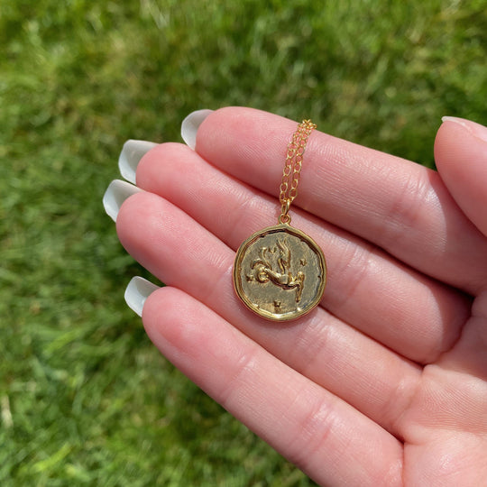 Capricorn Zodiac Sign Gold Necklace, this hand crafted Capricorn Zodiac Disk Necklace features a 14K gold-filled chain and an 18K vermeil gold charm.