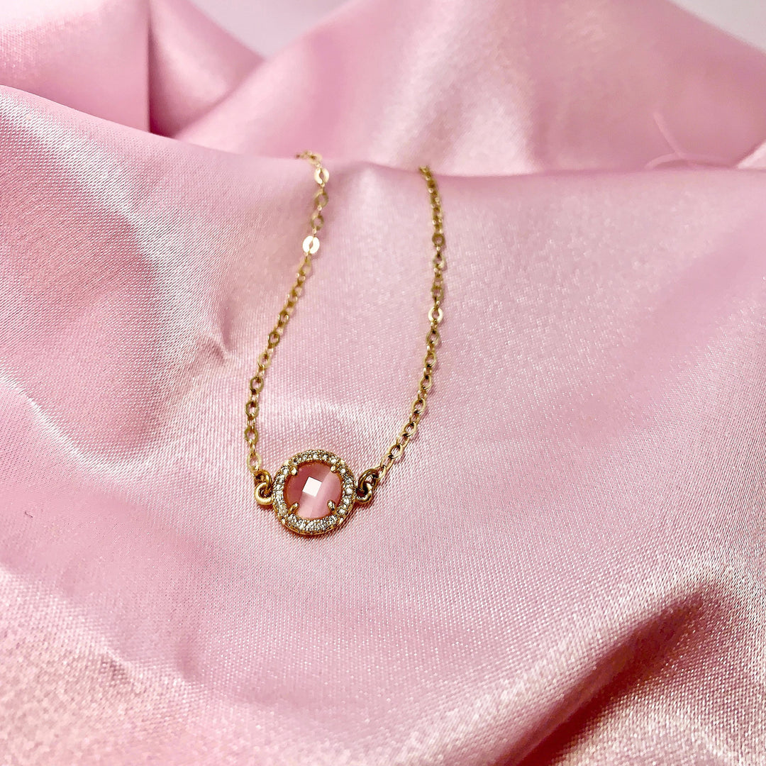 Pink Cats Eye Necklace Cubic Zirconia Bezel Frame,  this vibrant Pink Cats Eye charm is sparkling with a cubic zirconia bezel frame and is on