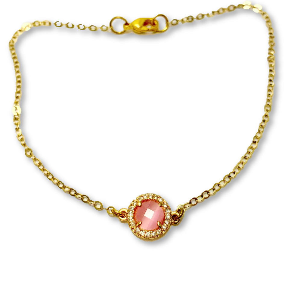 Pink Cats Eye Necklace Cubic Zirconia Bezel Frame,  this vibrant Pink Cats Eye charm is sparkling with a cubic zirconia bezel frame and is on