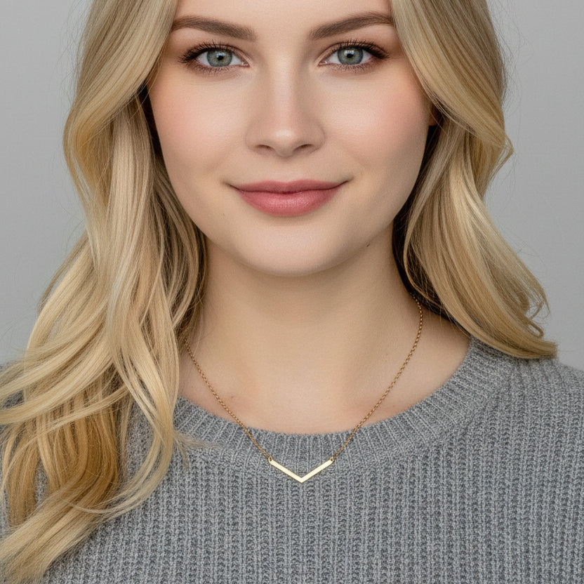 14K Gold Chevron V Bar Charm Necklace, our petite chevron V bar charm on 14k gold-filled chain equals a sweet minimalist charm necklace for everyday wear.