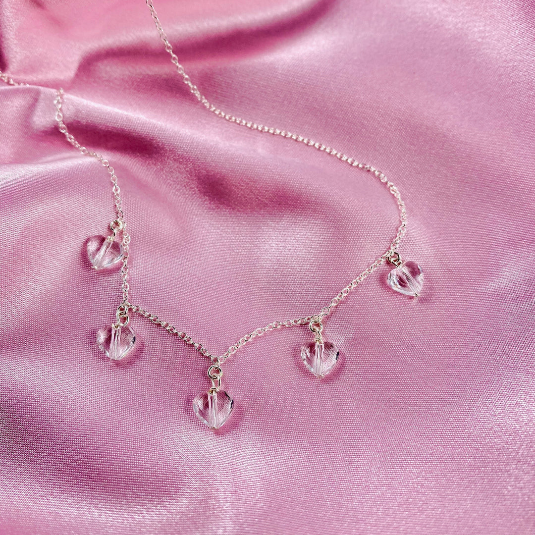 Clear Crystal Heart Necklace Jewelry For Women, This Clear Crystal Heart Necklace is irresistibly sweet and petite, featuring five tiny heart-shaped