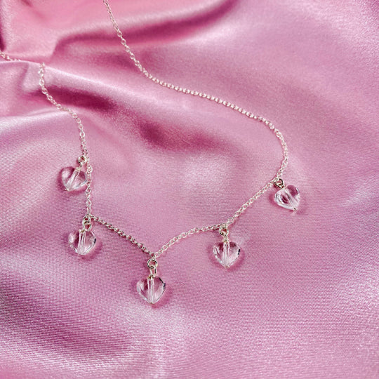 Clear Crystal Heart Necklace Jewelry For Women, This Clear Crystal Heart Necklace is irresistibly sweet and petite, featuring five tiny heart-shaped
