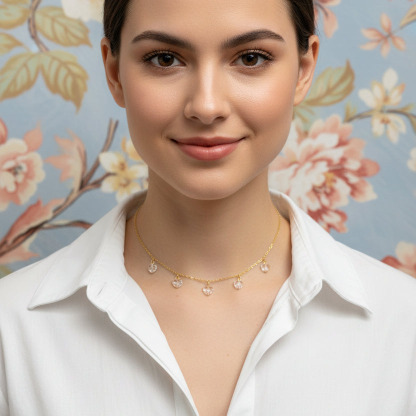 Clear Crystal Heart Necklace Jewelry For Women, This Clear Crystal Heart Necklace is irresistibly sweet and petite, featuring five tiny heart-shaped