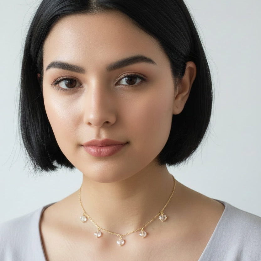 Clear Crystal Heart Necklace Jewelry For Women, This Clear Crystal Heart Necklace is irresistibly sweet and petite, featuring five tiny heart-shaped