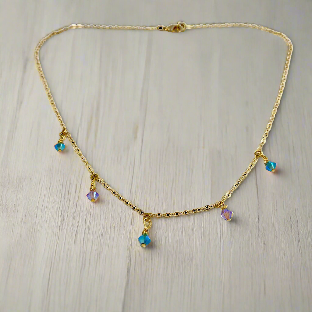 Blue Pink Crystal Choker Necklace Minimalist Jewelry Hand Made, with facetted petite crystals, wire wrapped on 14k gold filled chain, completed with a 14k gold filled lobster