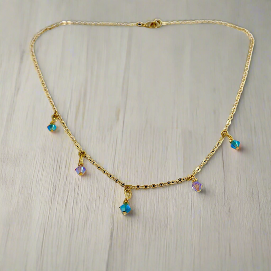 Blue Pink Crystal Choker Necklace Minimalist Jewelry Hand Made, with facetted petite crystals, wire wrapped on 14k gold filled chain, completed with a 14k gold filled lobster
